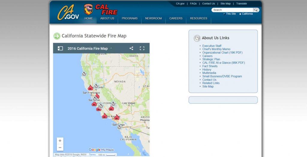Kalifornien 2016 Waldbrände: Website: www.fire.ca.gov/general/firemaps