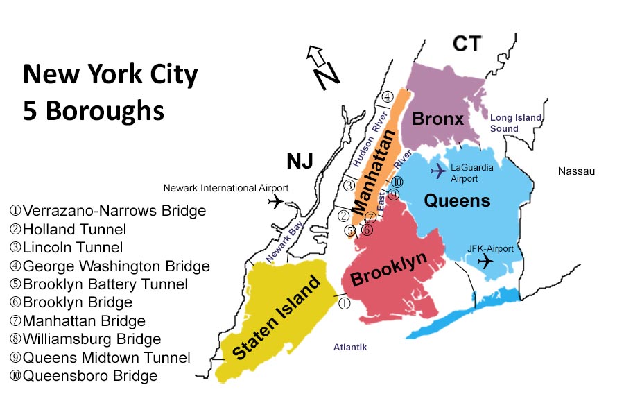 New York's 5 Boroughs: Bronx, Queen, Brooklyn, Manhattan, Staten Island