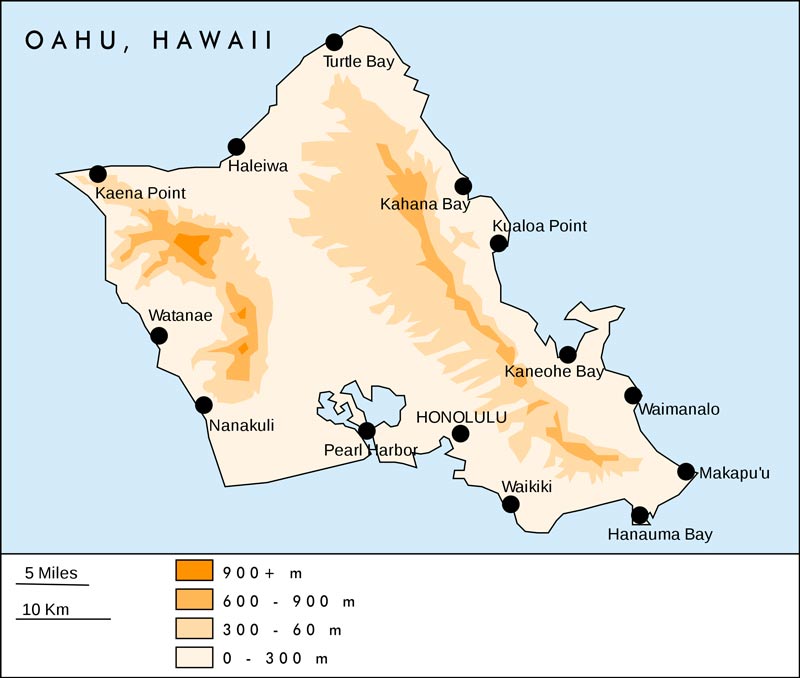 Oahu (Hawaii, USA) Übersichtskarte (adapted as follows: translated, CC BY-SA 3.0, https://commons.wikimedia.org/w/index.php?curid=1261110)