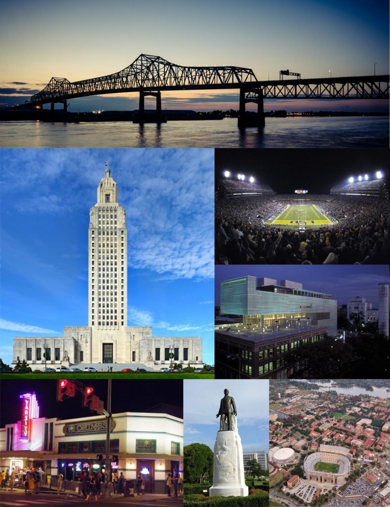 I-10 Mississippi River Bridge, Louisiana State Capitol, Nightgame, Shaw Center, Louisiana State University (aerial view), Huey Long Statue & Burial Site, The Varisity and the Chimes in Baton Rouge in der Nacht [Bilder Compiled and edited by WClarke / CC BY-SA (https://creativecommons.org/licenses/by-sa/4.0)]