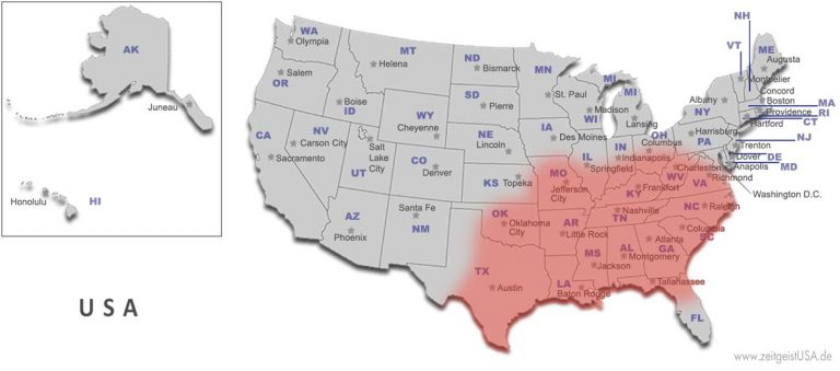 Bibelgürtel in den USA -- grobe Darstellung des Verlaufs