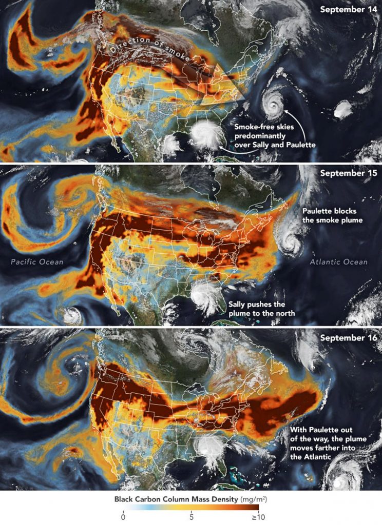 Rauch getragen von Wind zieht sich quer über die USA. Hurricanes bestimmen die Ausbreitung ebenfalls. (Quelle: NASA; 2020-09-20)